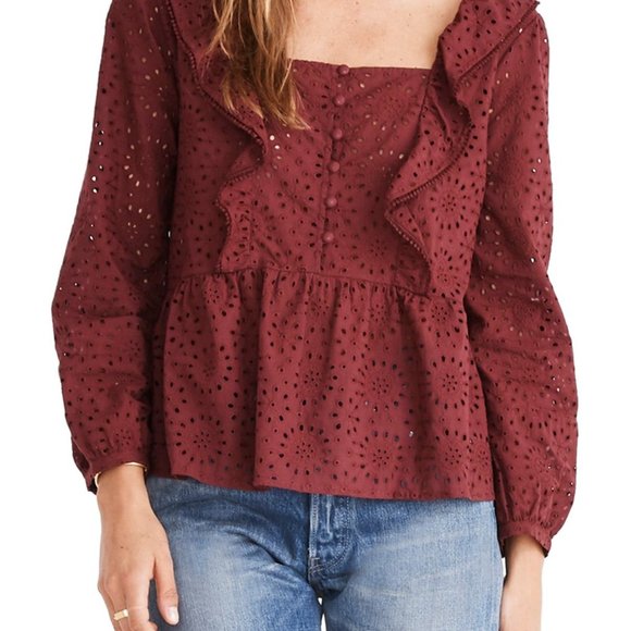 Madewell Tops - Madewell eyelet Pom Pom Top Burgundy